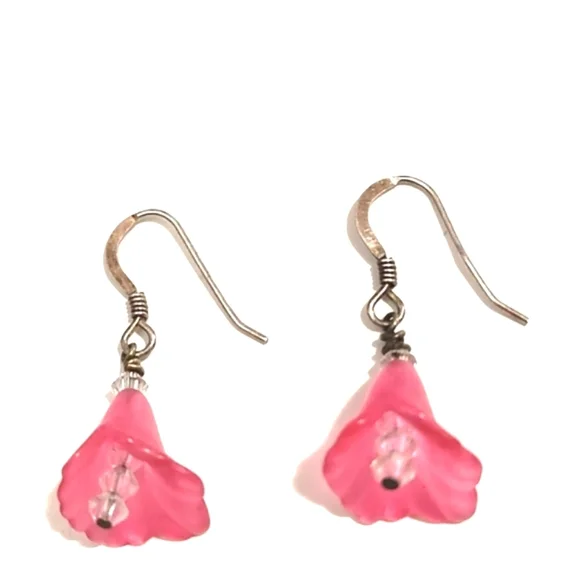 VINTAGE STERLING SILVER PINK FLORAL CRYSTAL DROP DANGLE 1" HOOK EARRINGS - Picture 7 of 8